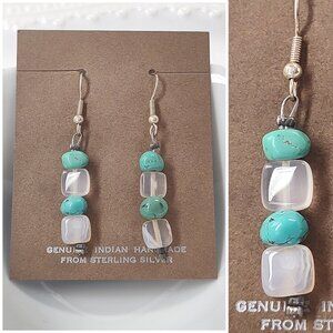 Native American Turquoise Agate Beaded Earrings Dangle Sterling Silver Stone 2"